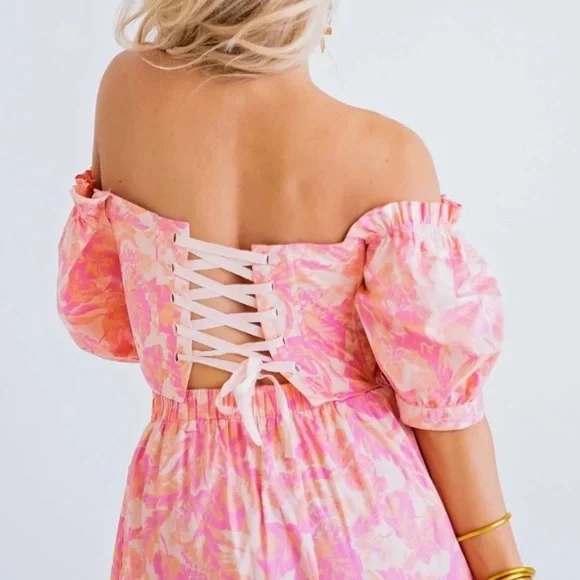 Karlie Floral Poplin Puff Sleeve Tie Back Corset Off Shoulder Crop Top Size L - Picture 2 of 11